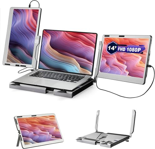 JoyReal Monitor triple para laptop, extensor de pantalla portátil de 14 pulgadas 1080P, estación de trabajo de escritorio giratoria de 360 grados con múltiples soportes para laptop para MacBook,