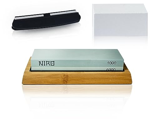 NIRO Affilacoltelli Professionale in Pietra 2-in-1, Pietre Doppia Grana 1000/6000, Inclusi Guida 20°, Base in Bamboo Antiscivolo, Cuscinetto Fissaggio Pietre Abrasive, Pietra Levigatrice Supplementare