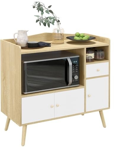 HOMCOM Meuble de Rangement Buffet de Cuisine pour Micro-Ondes avec placards tiroir 85 x 40 x 88,5 cm Naturel et Blanc
