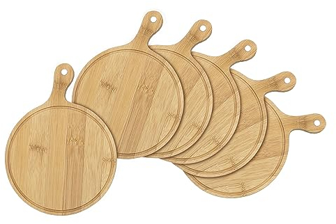 Juego de 6 tablas de servir de bambú, 14 cm, redondas, pequeñas bandejas de madera para servir aperitivos y tapas, con asa para servir aperitivos y bandejas