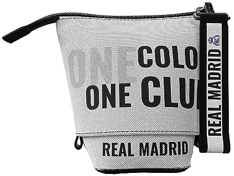 CYPBRANDS Real Madrid- Estuche, Cubilete, Portatodo, Estuche extensible, Color Blanco, Producto Oficial, One Color One Club, Complementos de fútbol