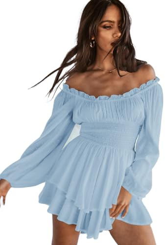 Springcmy Women Puff Sleeve Square Neck Romper Dress Off Shoulder Ruffle Shorts Smocked Layered Flowy A Line MiniBeach Swing Dress Sundress (B-Blue, M)