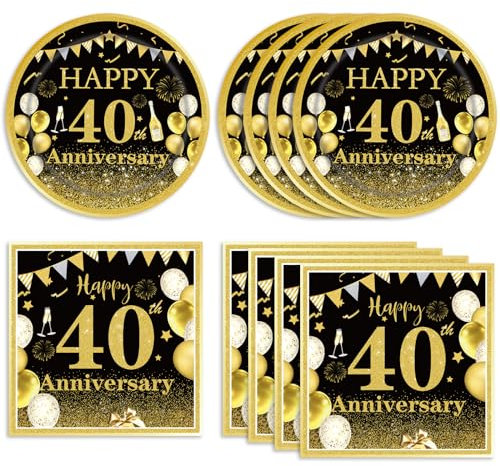 DURYGEN 40th Birthday Party Decorations - 40 PCS Tableware Pack (20 Plates & 20 Napkins) - Black & Gold - Letter Print - Perfect for Birthdays & Anniversaries
