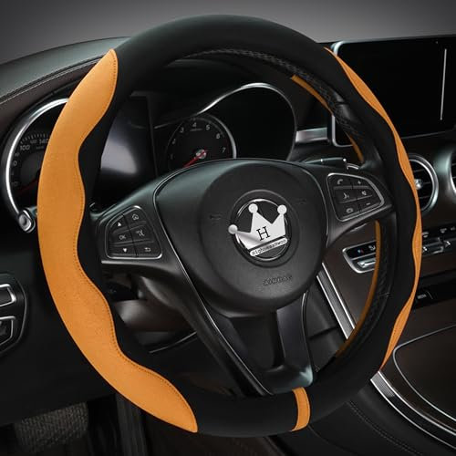 HighnessHwoo Luxuriöser Suede Auto Lenkradbezug, Komfort Lenkradabdeckung, weiches Leder, gepolsterte Räderabdeckung für F150, Jeep Van, dünne Auto Griff Abdeckungen, Universelle, 39-41cm, Orange