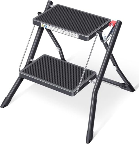 TIENDA EURASIA - Escalera 2 Peldaños | Escalera Plegable con Superficie Antideslizante | Resistencia hasta 150kg | Escaleras Plegables Aluminio | Medida 49,50 x 48,50 x 44,50 (Negro)