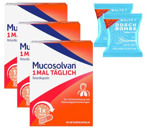 MUCOSOLVAN® 1mal täglich Retardkapseln, 3 x 50 Stück, 75mg Ambroxol, Hustenschleimlöser, mit 2 Duschbomben
