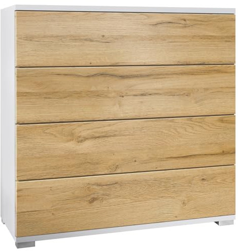 Vladon Kommode Pavos V3, Sideboard mit 4 Schubladen Weiß matt/Eiche Natur (76 x 76 x 35 cm)