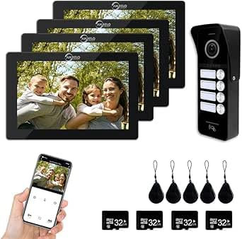 Videoportero con cable para apartamentos, timbre de puerta de 4 familias, pantalla táctil de 7 pulgadas, color blanco