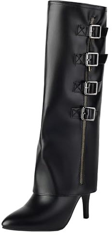 HSyc JRX Stivali alti al ginocchio da donna con tacchi a spillo e fibbie, eleganti stivali invernali, Nero , 35 EU