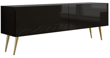 3E 3xE living.com Meuble TV : Deux Portes, Deux étagères, Couleur : Noir Mat/Noir Brillant, Pieds dorés D : L : 140 cm, H : 52 cm, P : 32 cm