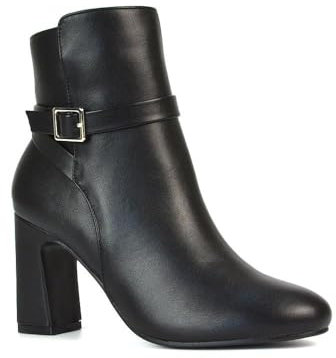 ESSEX GLAM Women's Ankle Boots Block Mid High Heel Ladies Black Synthetic Leather Buckle Strap Shoe Booties Size 6