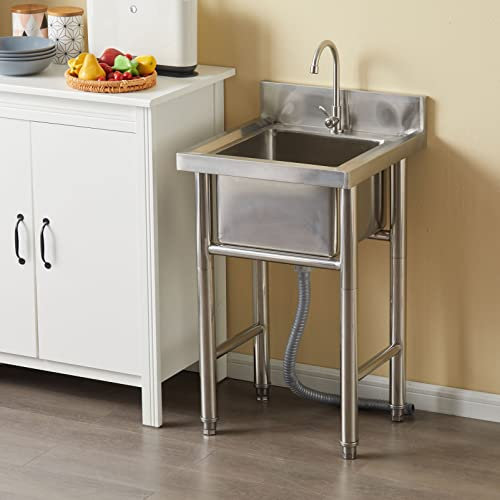 CZAOERXB Waschbecken für die Außenküche, freistehende Spülen aus Edelstahl mit Wasserhahn, 1 Fach für die Innengarage, Küche, Wäscherei