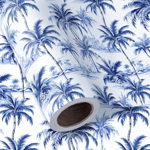 WRAPAHOLIC Blue White Floral Wrapping Paper - Mini Roll - 17 Inch x 16.5 Feet - Casablanca Vintage Blue Toile Palm Trees Design Perfect for Wedding, Birthday, Bridal Shower, Tea Party