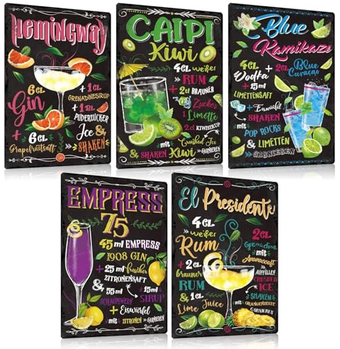 5er Set Retro Blechschilder Cocktail Rezept 20x30cm - HEMINGWAY CAIPI KIWI BLUE KAMIKAZI EMPRESS PRESIDENTE - Vintage Metall-schild Wand Decoration Geschenke für Cocktail-bar