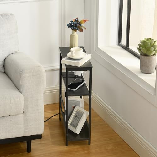 FurnitureR Table d'appoint Fine avec Station de Charge, 2 Niveaux de Rangement, 45 x 18 x 58 cm, Noir