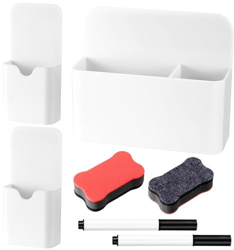 3 Pcs Magnetic Pen Holder, Whiteboard Pen Holder, Magnetic Marker Holder Pencil Holder Organizer for Fridge Refrigerator Office Home, with 2 Magnetic Whiteboard Eraser & 2 Pens(2 Sizes, White)