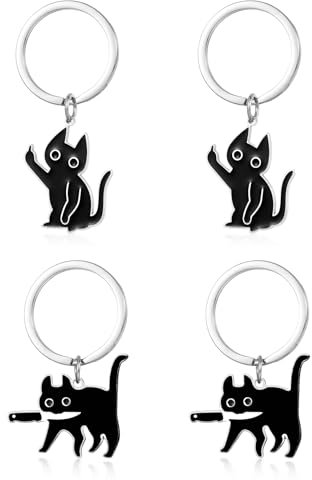 Zernblend 4 Stück Schwarze Katzen-Schlüsselanhänger, Schlüsselanhänger, Katze, Keychain (2 Designs)