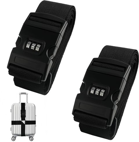 2 PCS Valise Réglables avec Serrure à Combinaison, Sangles à Bagage, Sangle Croisée pour Valise, Convient pour Valises de 18 à 30 Pouces, Sécurité Renforcée pour Voyages, Noir