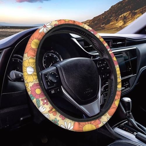 Wanyint Auto-Lenkradbezug Universal 38,1 cm Rutschfest Auto-Lenkradschutz für Damen und Herren, Hippie-Blume, Orange, Gelb