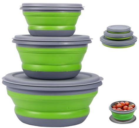 Faltbare Schüssel - 3 Stück Silikon Camping Geschirr Faltschüssel mit Deckel, Faltbare Schüssel Salatschüssel Frischhalteboxen, Camping Zubehör Gadgets für Campingküche Wohnwagen Wandern Schule