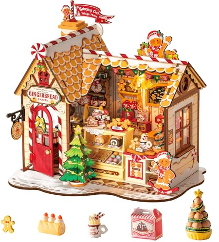 Rolife Casa delle Bambole di Natale Casetta Pan di Zenzero Kit Miniatura Fai-da-te Modello in Legno Decorazione Natalizia Regalo Creativo per Adulti e Ragazzi