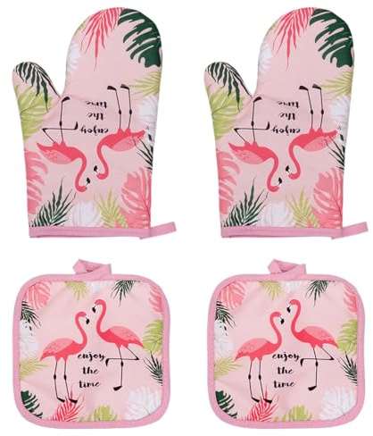 OUDQFCJ Ofenhandschuhe und Topflappen Set 4-teilig Flamingo Rosa Hitzebeständige Backhandschuhe für Küche Kochen Backen und Grillen Tropisches Design