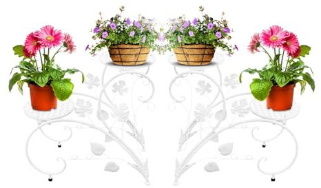 Dokiiovo 2-Stufiger Blumenständer Metall, 2er Set Blumentreppe Blumenregal, 41cm Hoher Vintage Pflanzenregal, Eisenblumenständer für Indoor und Outdoor (Weiß)