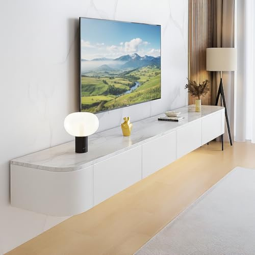 FGNIXLN Floating TV Unit,120-300CM Wall Mounted TV Cabinet, Floating TV Stand with Flip-Down Doors & Drawers, Modern TV Media Console Center Large Storage TV Bench (White texture, 140CM)