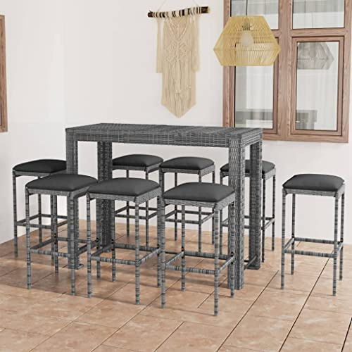 Mandloder 9-TLG. Gartenbar-Set mit Kissen, Poly Rattan Grau, Bartisch 140x60x110cm, 8 Hocker, für Terrasse, Balkon, Essbereich
