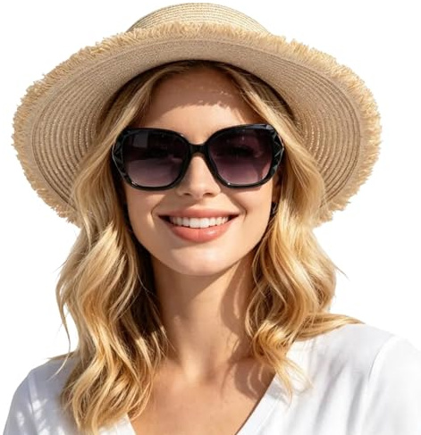 Hittriu Bowknot Straw Hat Women & Sunglasses UV385, Wide Brim Sun Hat Lady | Foldable Sun Hat, Straw Beach Hat, Sunglasses Sun Protection, Round Dome Straw Hats for Summer Travel Fishing Hiking Outdoor