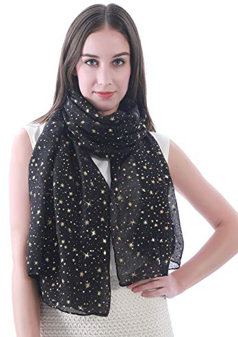 Lina & Lily Damen Schal Tuch mit Folien Sternmuster (Schwarz (Goldene Sterne))