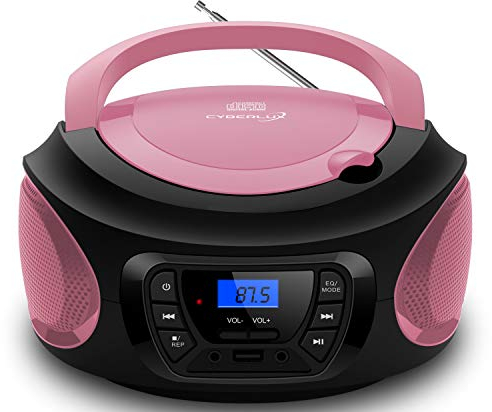 Boombox - Lettore CD portatile - CD/CD-R - USB - Radio FM - Ingresso AUX-IN - Presa per cuffie - Radio bambini - Radio CD - stereo - Sistema compatto - Rosa brillante (Pretty Pink)