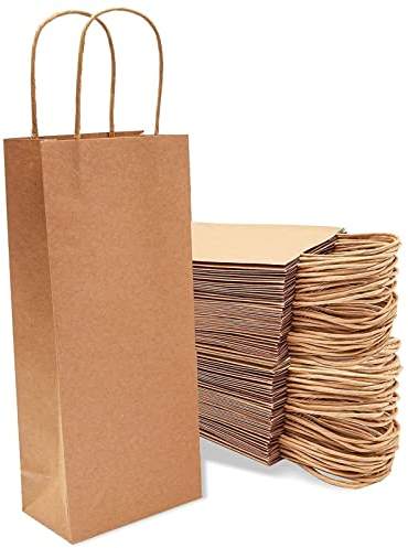 Sac Cadeau pour Bouteille de Vin avec Poignées, Lot de 50 Sacs pour Offrir Bouteilles en Papier Kraft, Brun