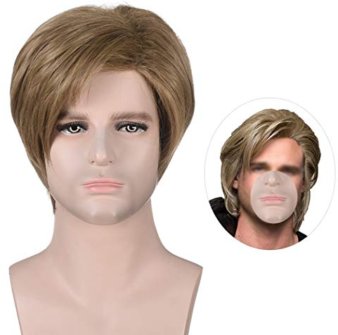 Männer Kurze Braun Perücke, TANTAKO Herren Glatt Braun Synthetik Bob Perücke Halloween Kostüm Party Cosplay Perücken mit Perücke Kappe
