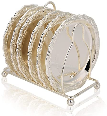 6 Pezzi Sottobicchieri con Supporto, Sottobicchiere in Metallo Stile Europeo Retro con Rastrelliera Decorativa, 6 Sottobicchieri per Caffè con Supporto, 1 Set di Piatti con Rastrelliera per Snack