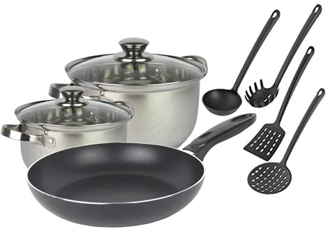 9-tlg. Basic Kochset, Küchen Starterpaket, 4-teiliges Topfset (Ø16 und 20cm), Bratpfanne Ø 24cm, 4-teiliges Küchenhelferset - alle Herdarten außer Induktion