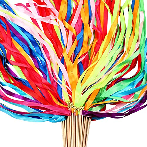 Sumind 50 Pcs Ribbon Sticks Wedding Ribbon Streamers Wands,Colorful