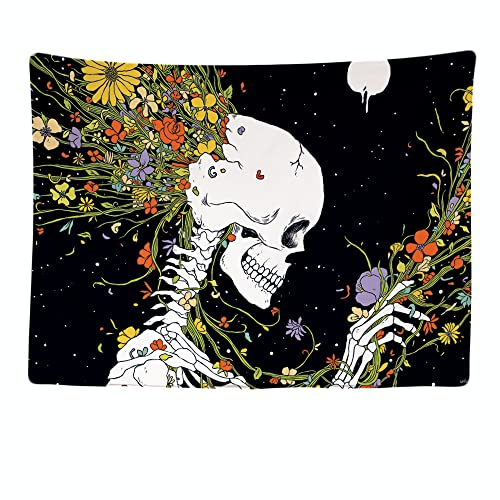 Ulticool - Wandteppich Tapestry Dekoration Wohnung - Skelett Blumen Psychedelische Natur - 200 x 150 cm groß - Wandtuch Wandbehänge - Accessoires für Schlafzimmer Wohnzimmer