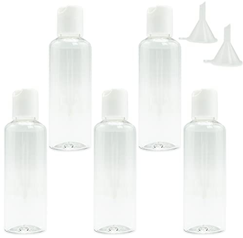 5 Pièces Flacons Vide de Voyage, 100ml Bouteille de Voyage Bouteille Conteneur de Voyage Plastique Cosmetique Flacons de Voyage Vides Petit Flacon Transparent Voyage avec 2 Petits entonnoirs