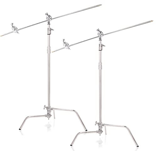 BOLLUMA Lot de 2 Supports en C Robustes de 300 cm avec Perche de 127 cm et têtes de préhension, Support d'éclairage réglable en Acier Inoxydable avec Pied Coulissant, réflecteur, boîte à lumière