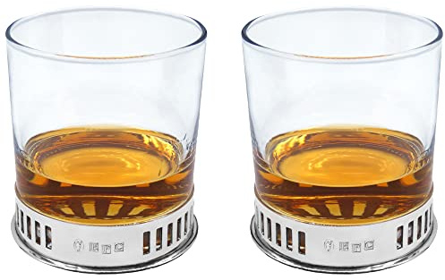English Pewter Company Double Whisky Tumbler Glass Set with Pewter Base, Monaco Design [DEC005]