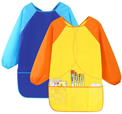 Cozlly 2PCS Kids Art Aprons for Age 7-12 Years Girls Boys, Kids Art Smock Toddler Children, Artist Painting Aprons Long Sleeves with 3 Pockets, Waterproof Play Apron for Painting, Craft, School (A)