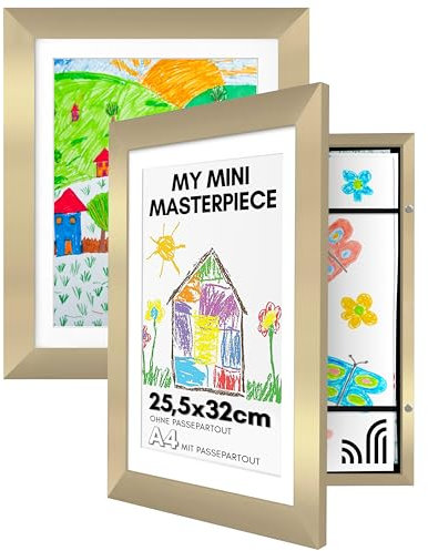 Americanflat A4 Bilderrahmen für Kinderzeichnungen - Gold - Zeigt 21,6x28 cm mit Passepartout & 25,5x32 cm ohne Passepartout - Verbundholz mit Bruchsicherem Glas - Hoch- und Querformat - 2St