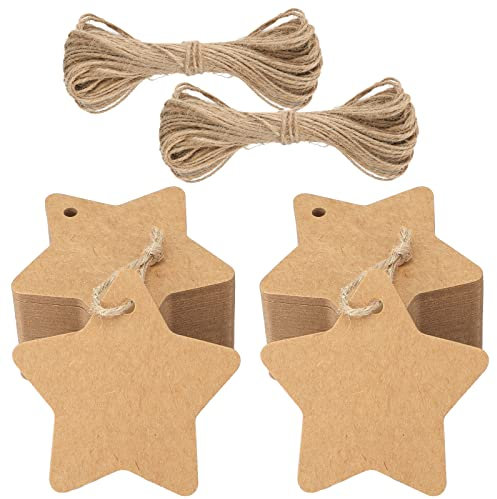 jijAcraft Geschenkanhänger Weihnachten Stern Anhänger Kraftpapier Etiketten, 200 Stück Geschenkanhänger Kraftpapier Weihnachten Tags mit Jute-Schnur, für Weihnachtsgeschenke Dekoration