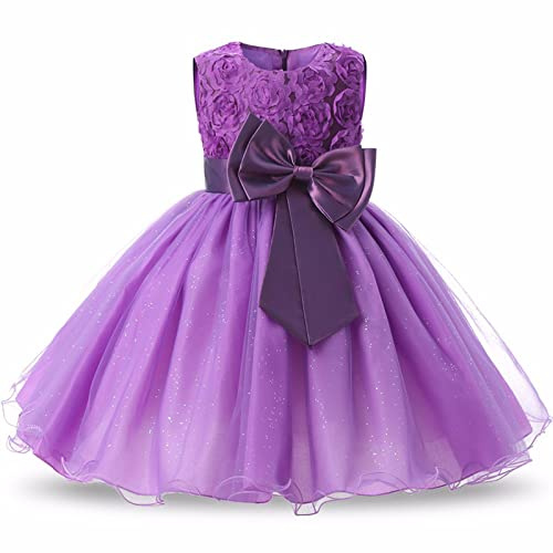 Robe de princesse pour filles Discoball - Pour fêtes et vacances - Avec fleurs 3D en rose et sequins - Robe en tulle avec nœud - Pour enfants, violet, 3-4 ans
