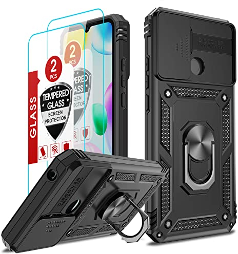 LeYi Hülle für Xiaomi Redmi 10C Kameraschieber Schutzhülle & 2*Schutzglas Folie, Ringhalter Ständer Case Kamera Klappe Cover Militärische Rüstung Handyhülle für Xiaomi Redmi 10 C Handy Hüllen Schwarz