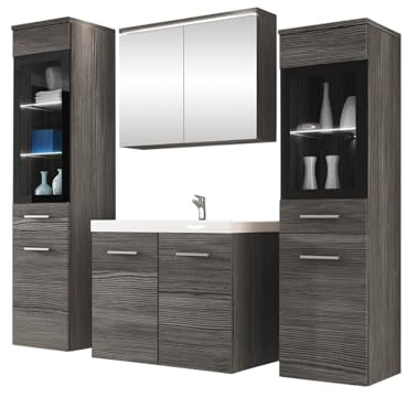 Mirjan24 Badmöbel Set Madrit II mit Waschbecken und Siphon, Komplettprogramme für Spiegelschrank, Waschtisch, Hochschrank (Bodega/Bodega, mit weißer LED Beleuchtung)