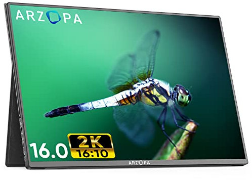 ARZOPA 2K Tragbarer Monitor 16 2560x1600 HDR Display, 500nits 8bit QHD USB-C HDMI Laptop Portable Monitor, 16:10 IPS Eye Care Smart Cover für Mac PC Phone PS4/5 Xbox Switch-A3C
