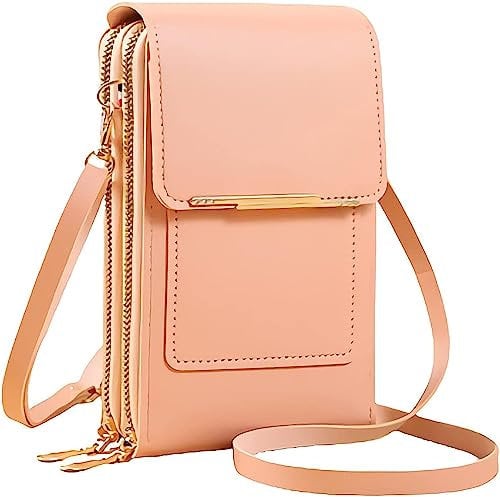 matago Sacoche en cuir antivol - Petit sac à bandoulière léger en similicuir pour téléphone portable, pour femmes, avec fenêtre pour écran tactile (Rose clair)