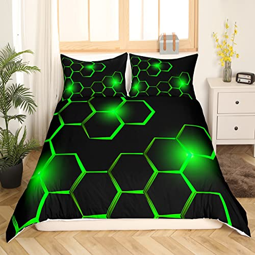 Loussiesd Honeycomb Drucken Bettwäsche Set Geometrische Bettwäsche Jugendliche Jungen Kinder Schlafzimmer Dekor Bienenstock Geometrische Schwarz Grün Bettbezug 135x200 Modern Cool